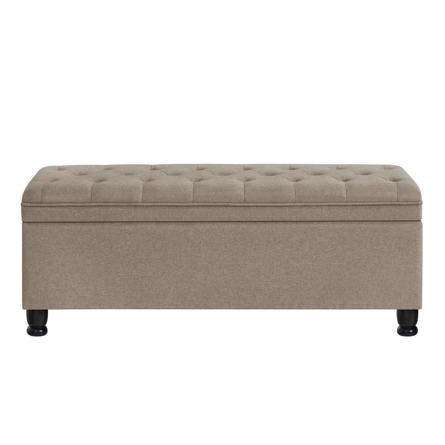 Tufted beige storage ottoman with dark wooden legs and linen fabric