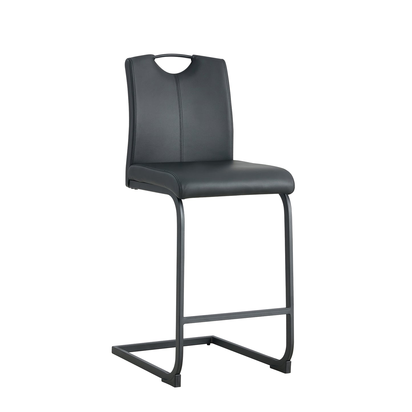 Black leather bar stool with curved metal legs and a handle cutout in the backrest
