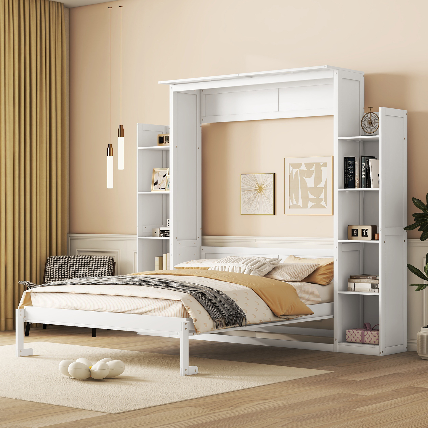 White queen size Murphy bed with integrated shelving
