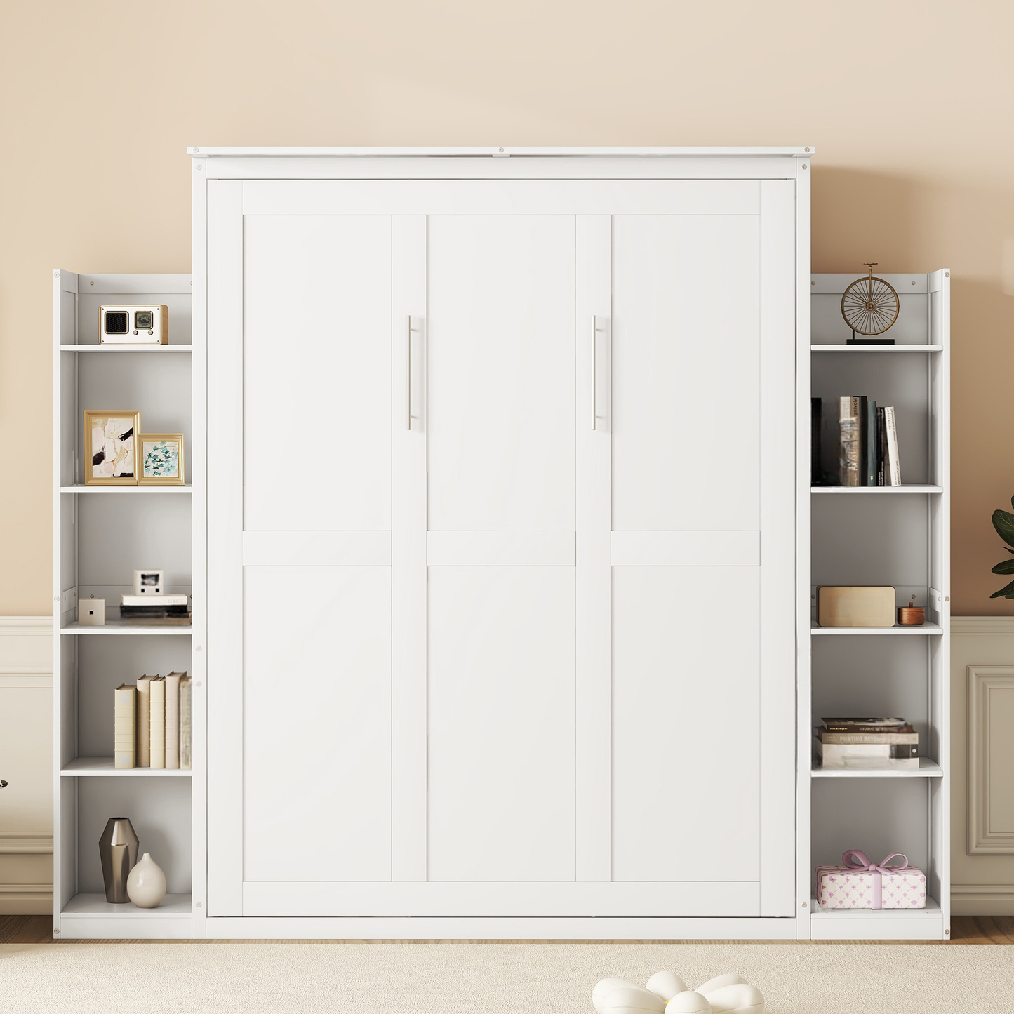 White Murphy bed with integrated bookshelves