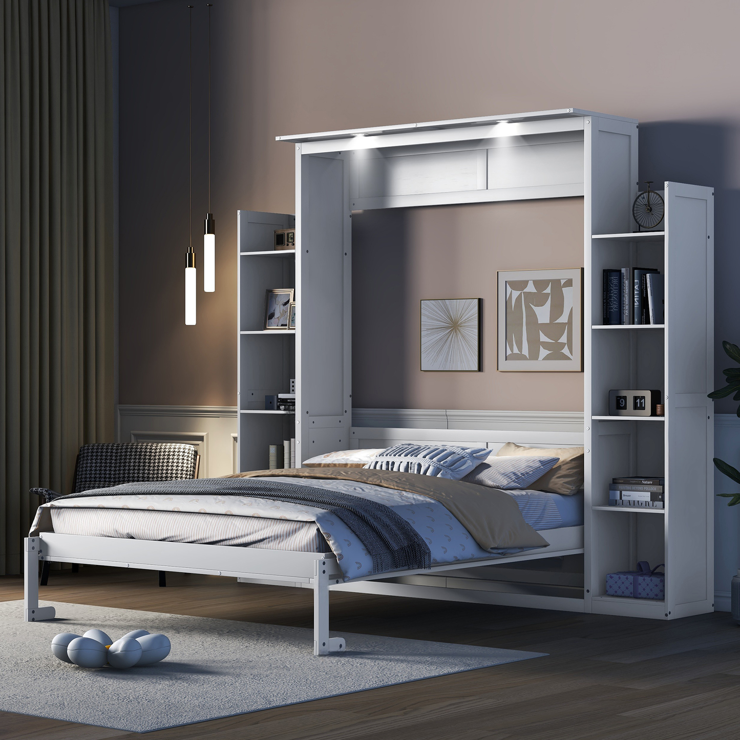 White Murphy bed with builtin shelving unit