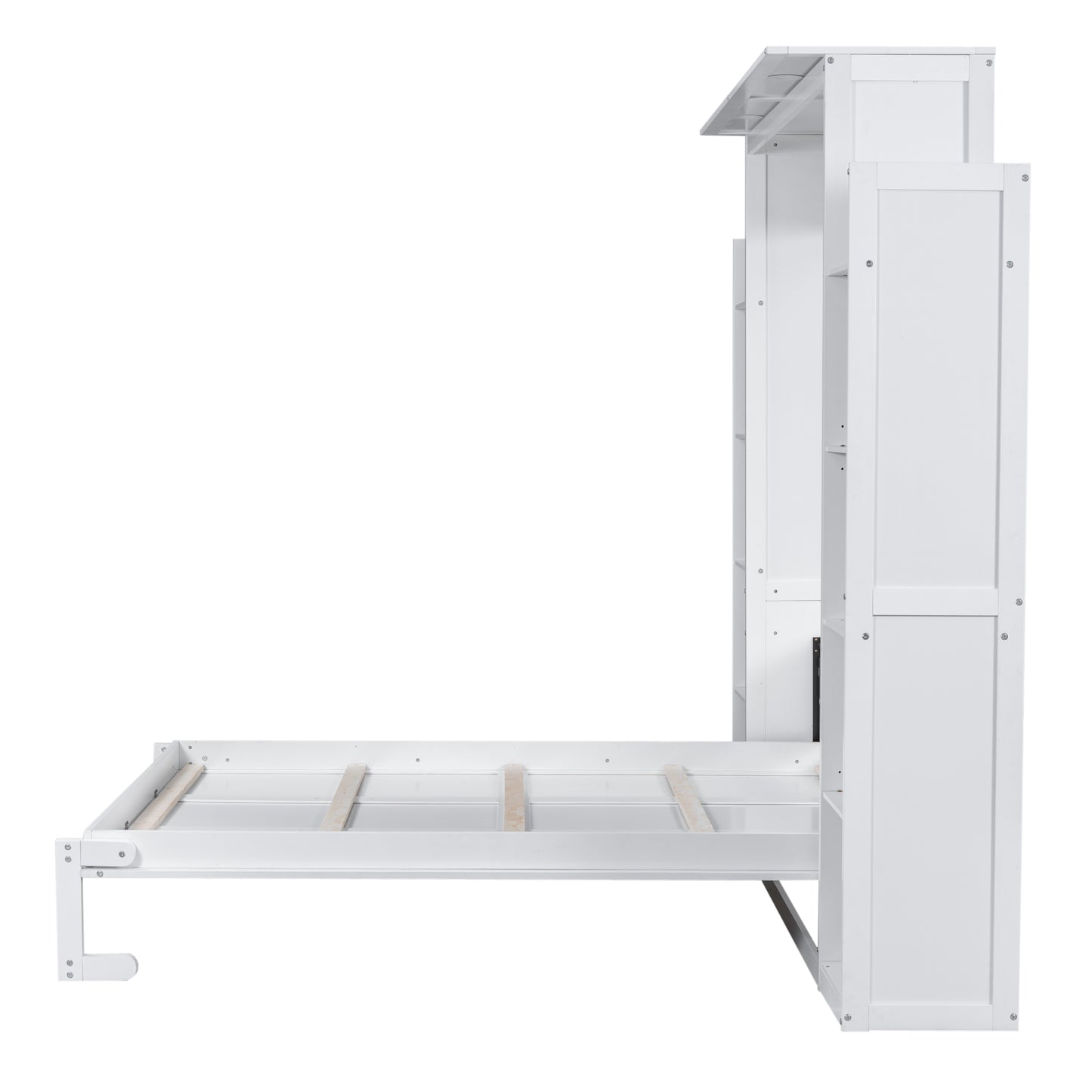 White murphy bed with open frame and shelving unit
