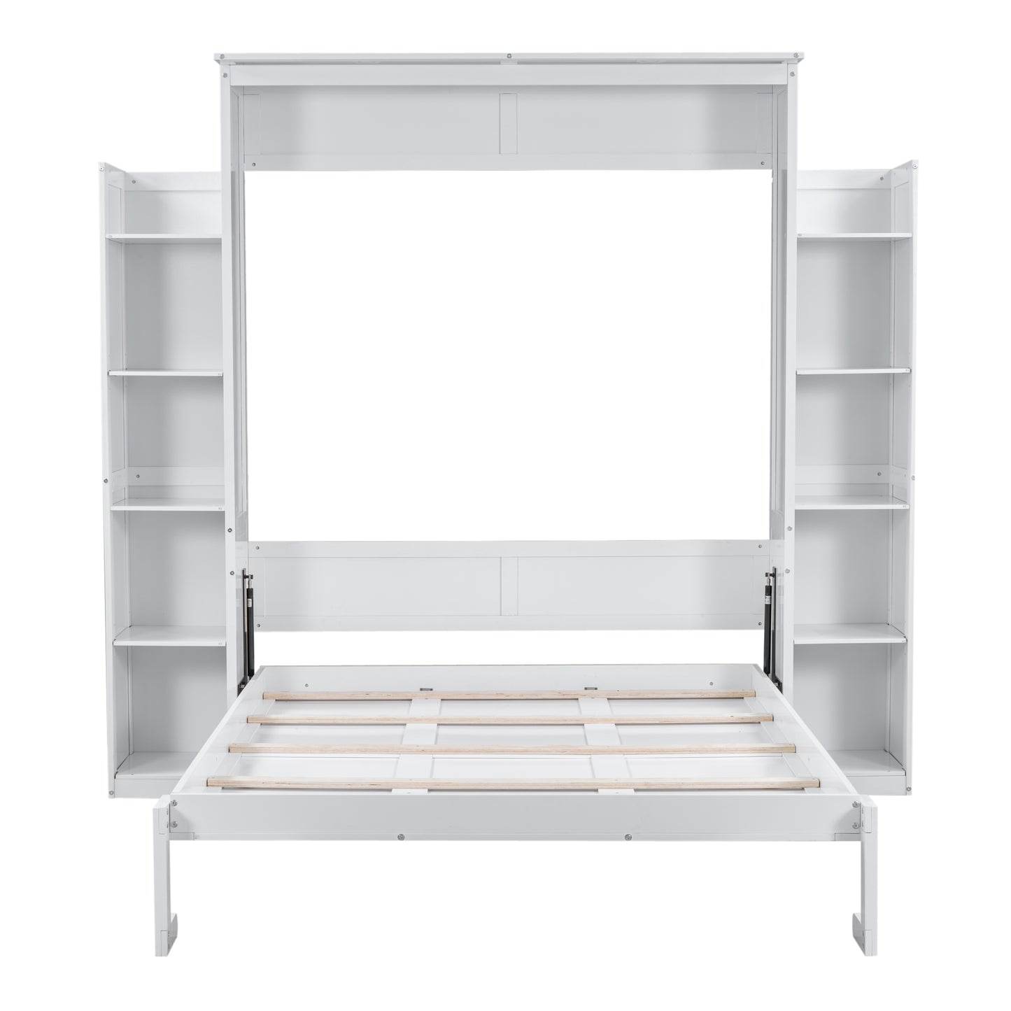 White murphy bed frame with open side shelving