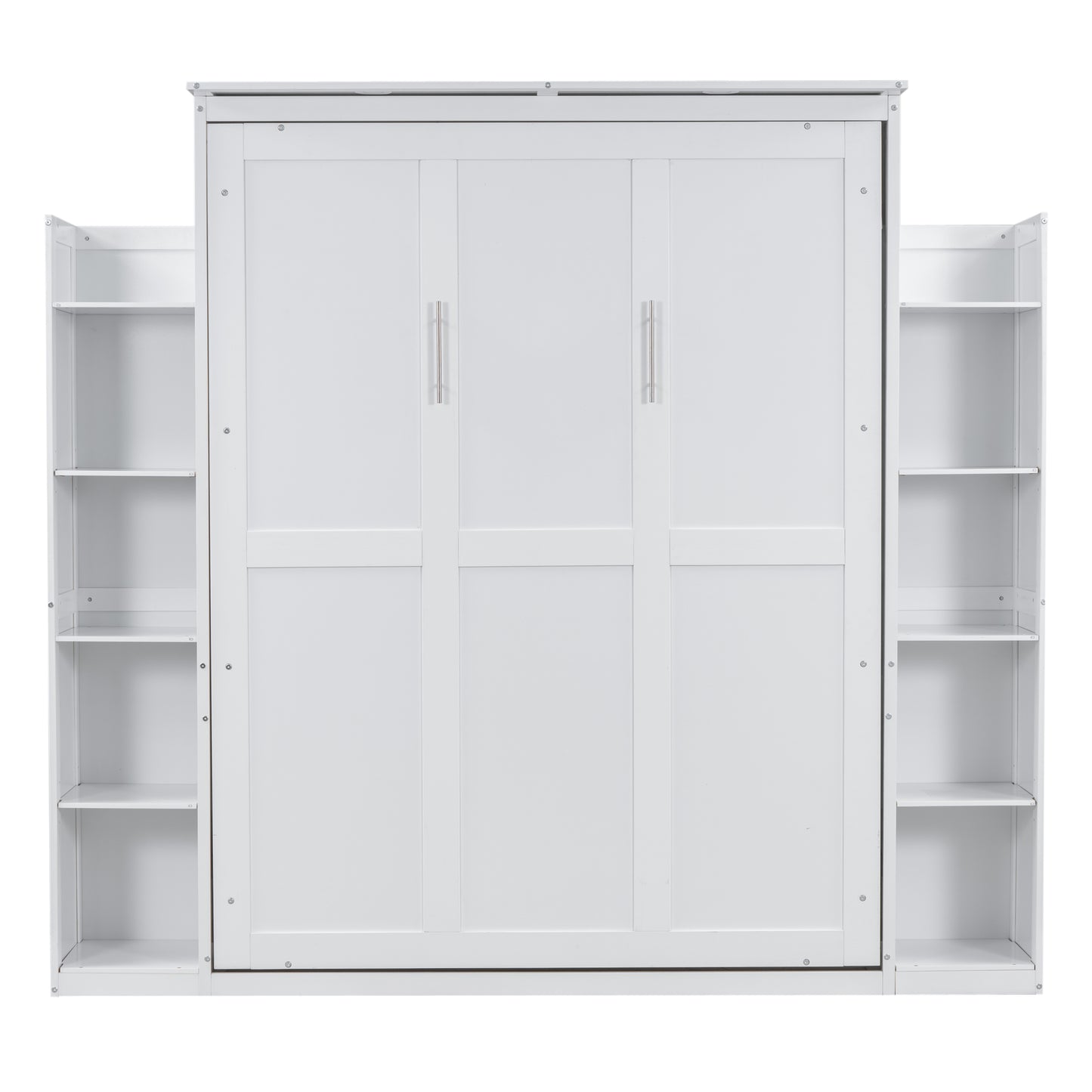White murphy bed with integrated side shelving units
