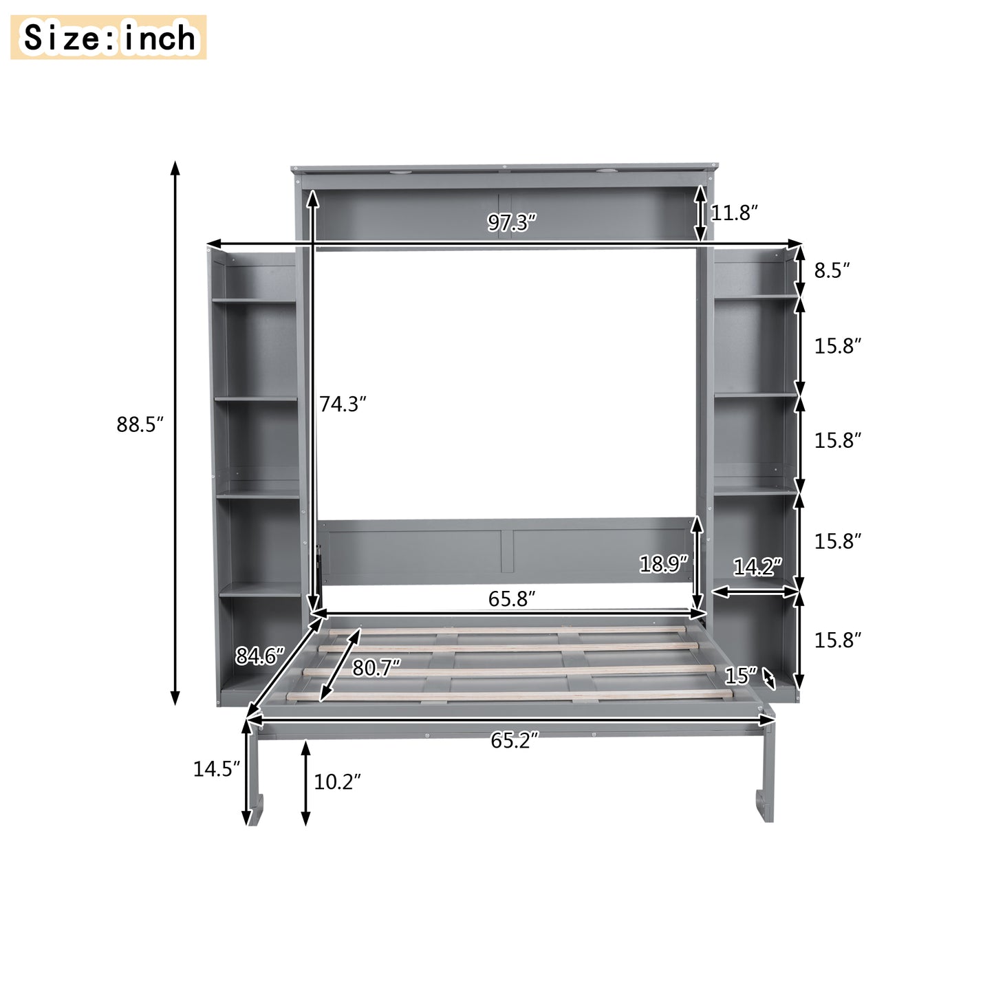 Gray storage bed frame with integrated shelving and headboard dimensions shown