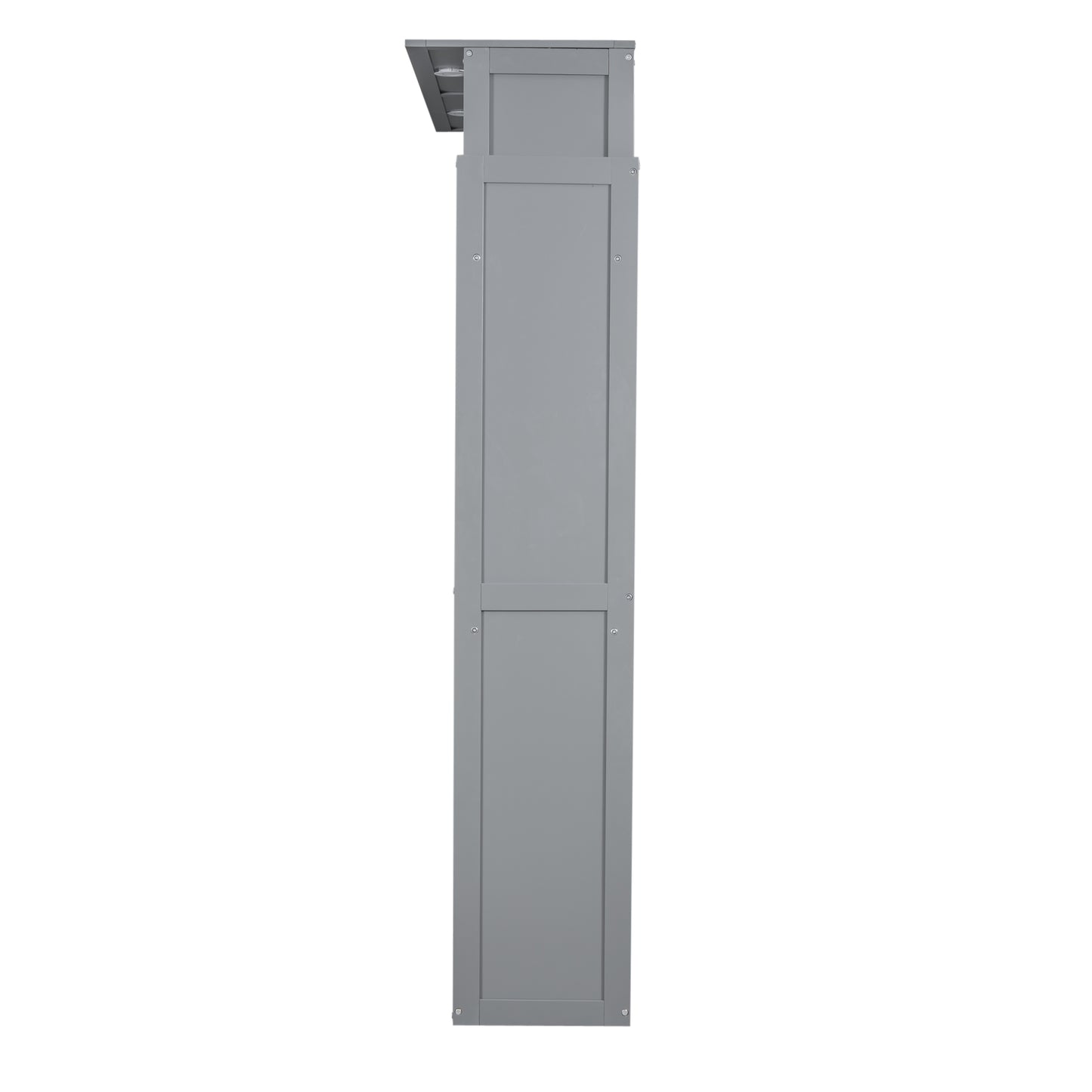Tall grey wooden storage cabinet with two paneled doors and silver hardware ideal for organizing