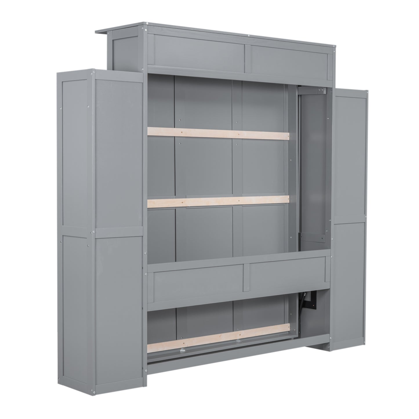 Gray wooden wardrobe open with shelves and hanging rods