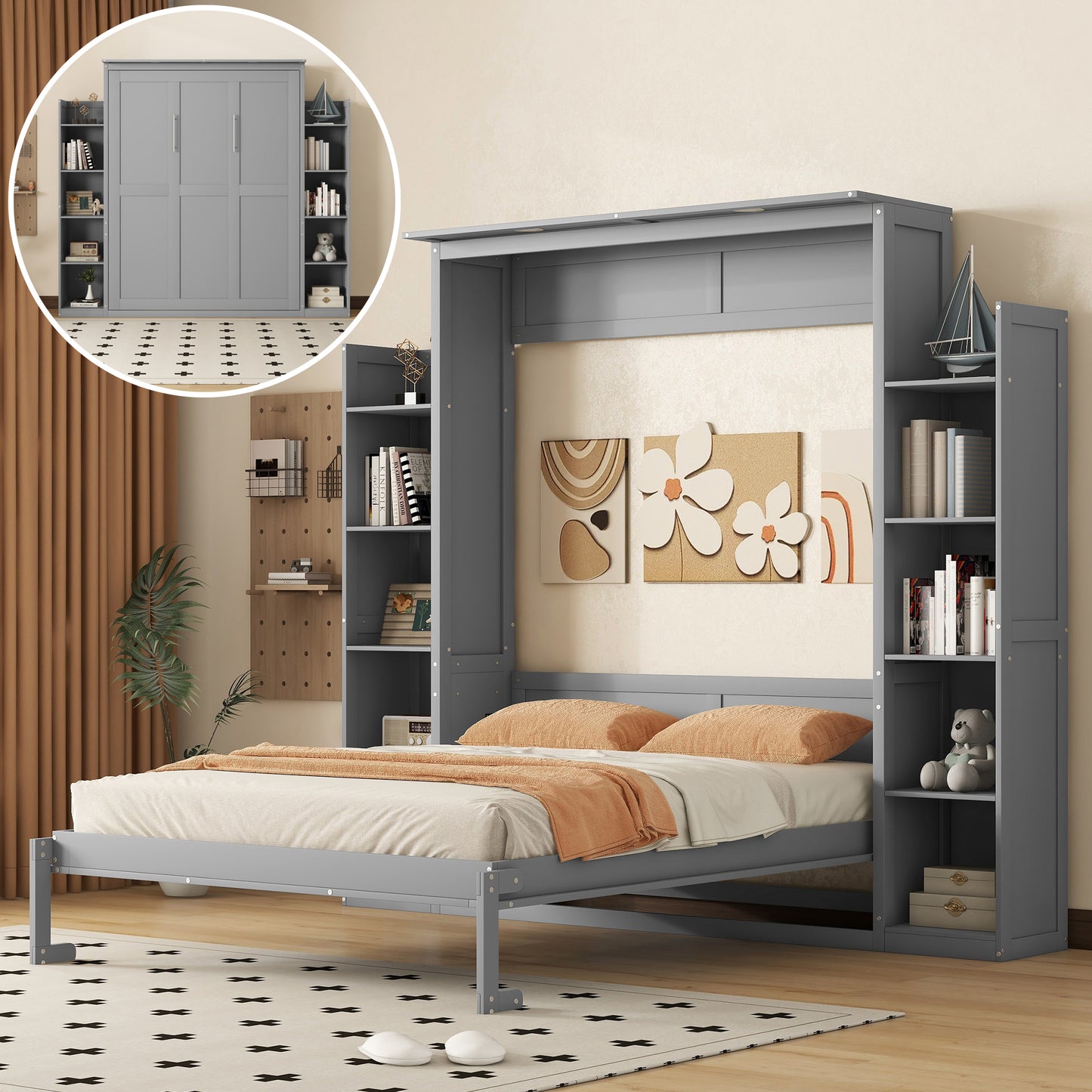 Grey Murphy bed with integrated bookshelves queen size for modern living spaces