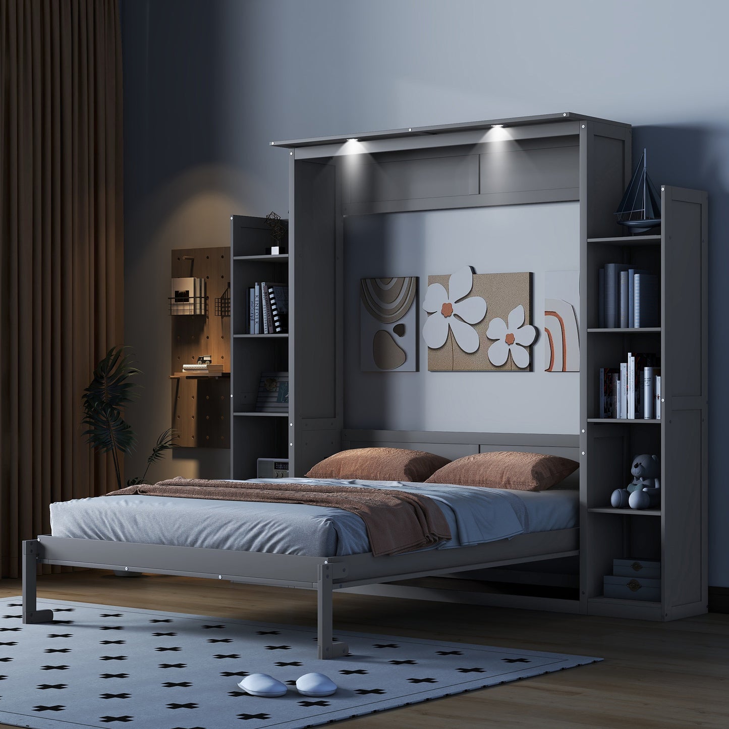 Gray murphy bed with integrated shelving and builtin LED lighting