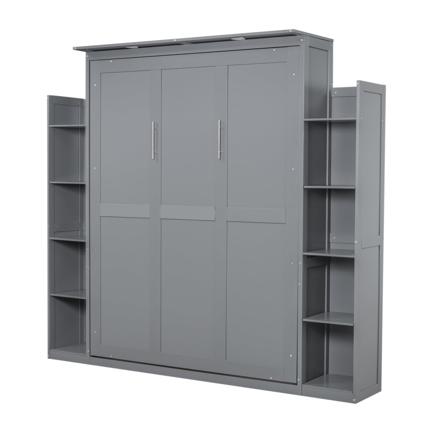 Gray murphy bed cabinet with integrated shelving and modern silver handles