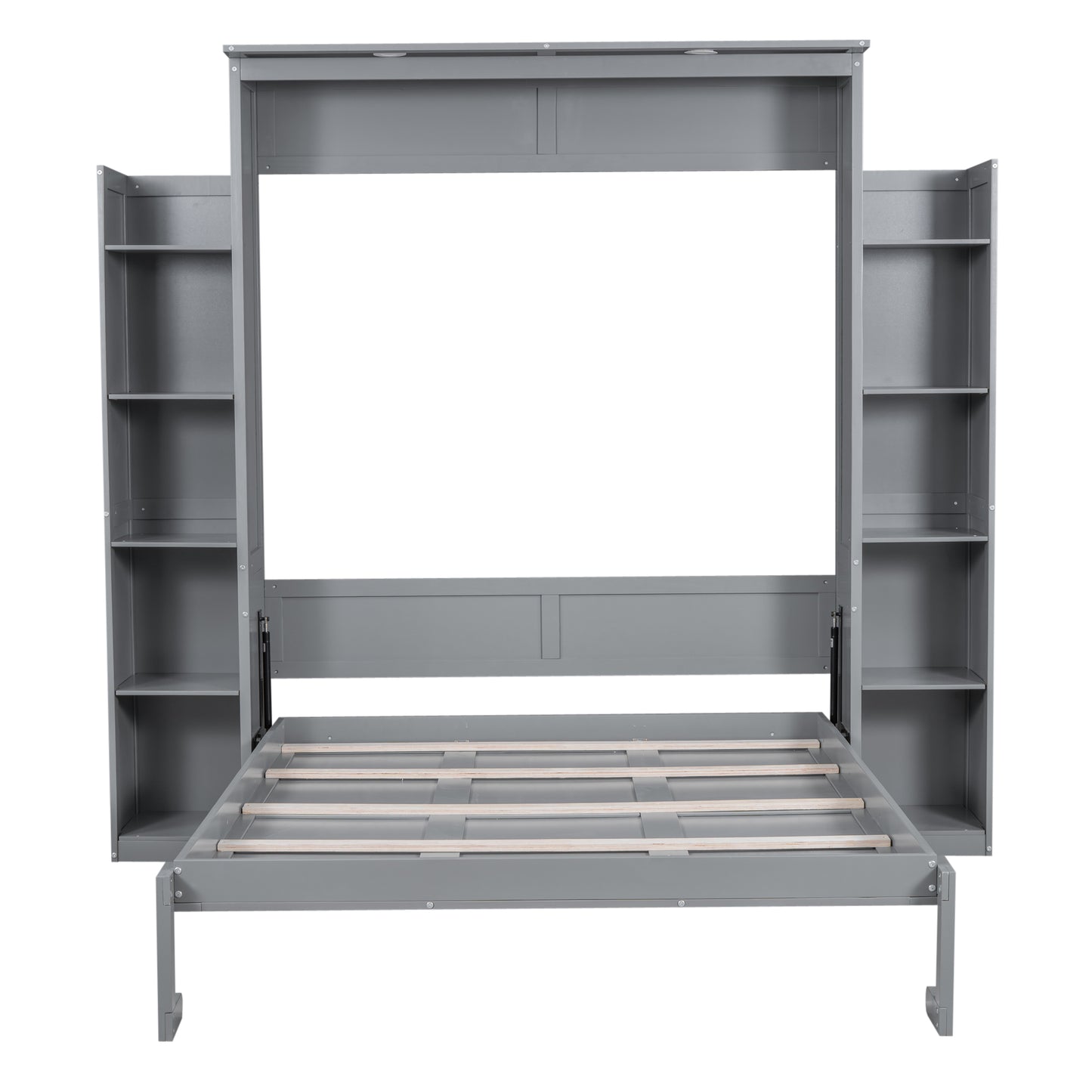 Gray Murphy bed with open side shelves and slatted mattress base