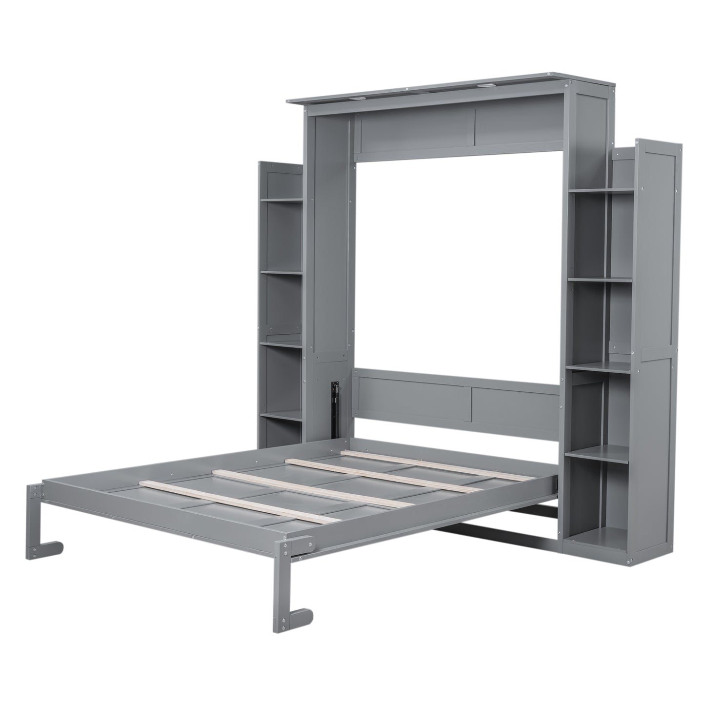 Gray Murphy bed with side shelves