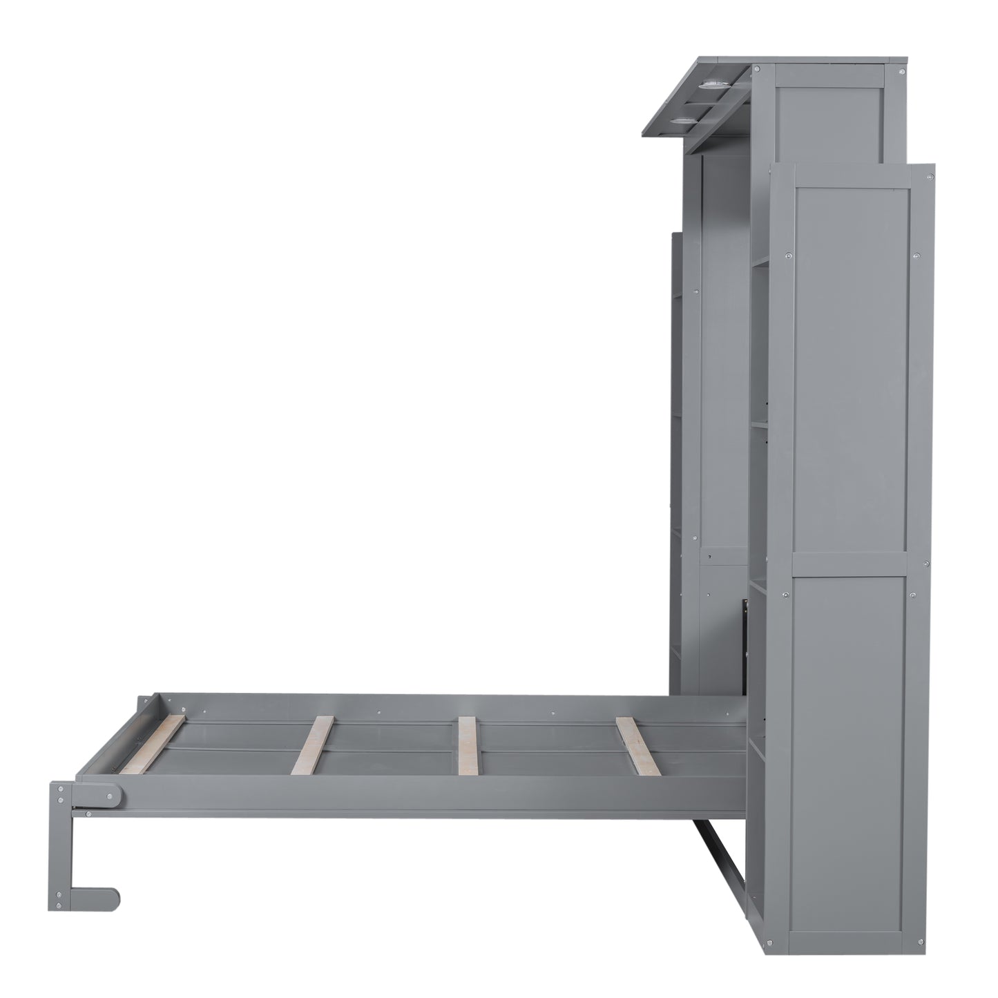 Gray murphy bed frame with integrated shelving and overhead LED lights