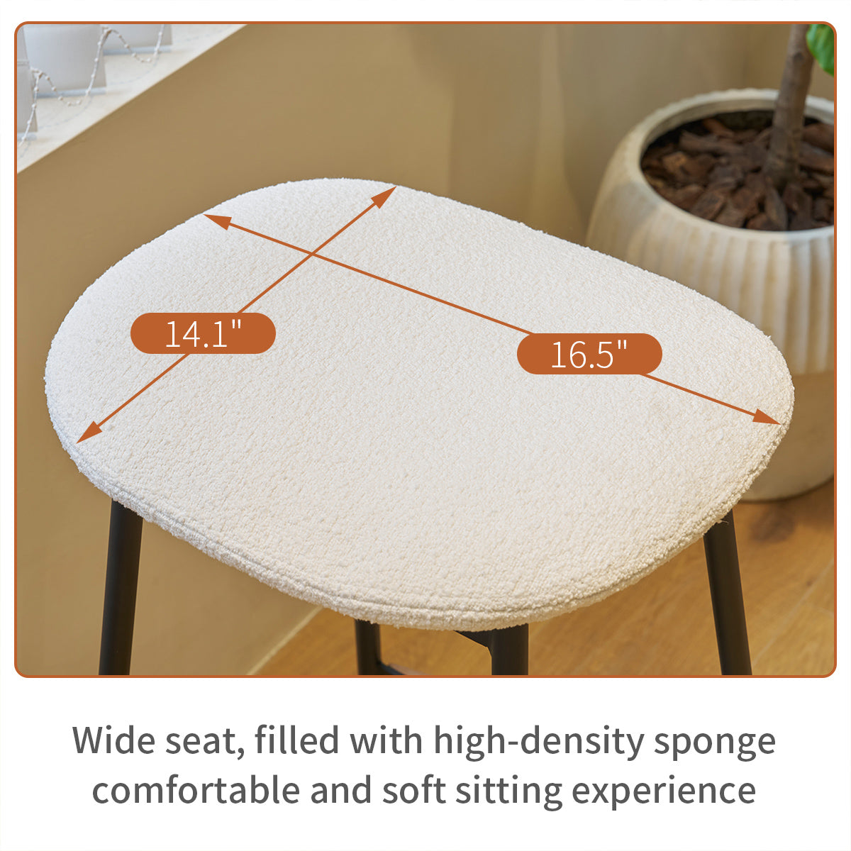 Cream boucle accent stool with black metal legs