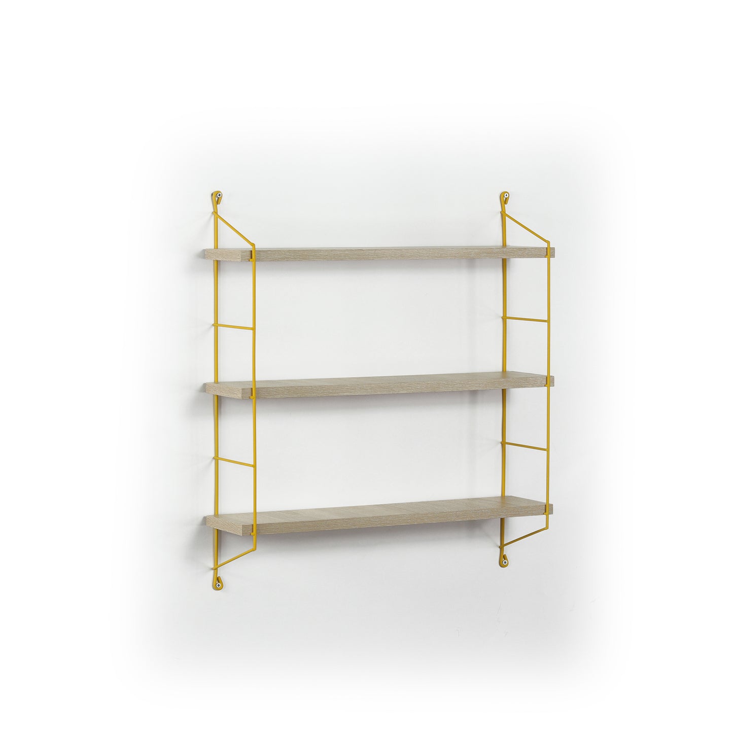 Threetier modern wall shelf with light oak finish shelves and yellow metal frame