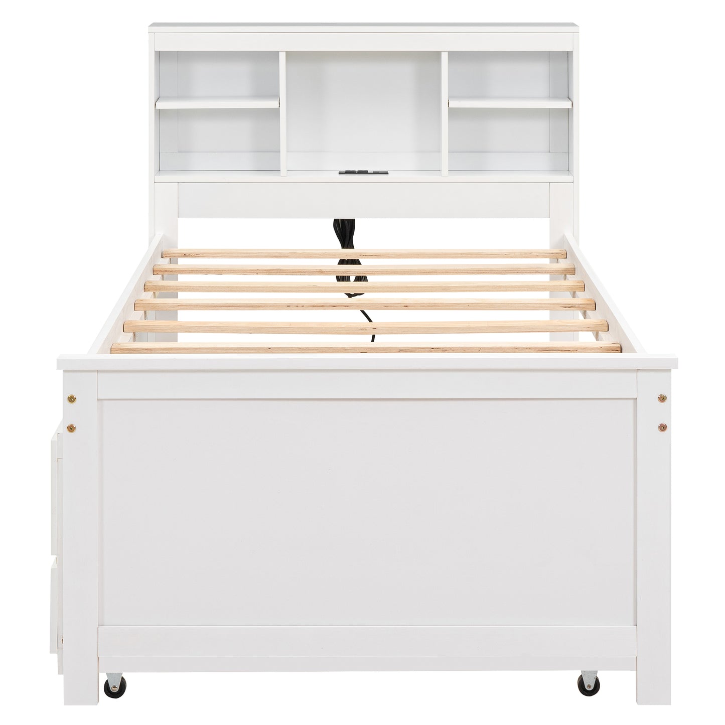 White twin bed frame with builtin headboard shelves