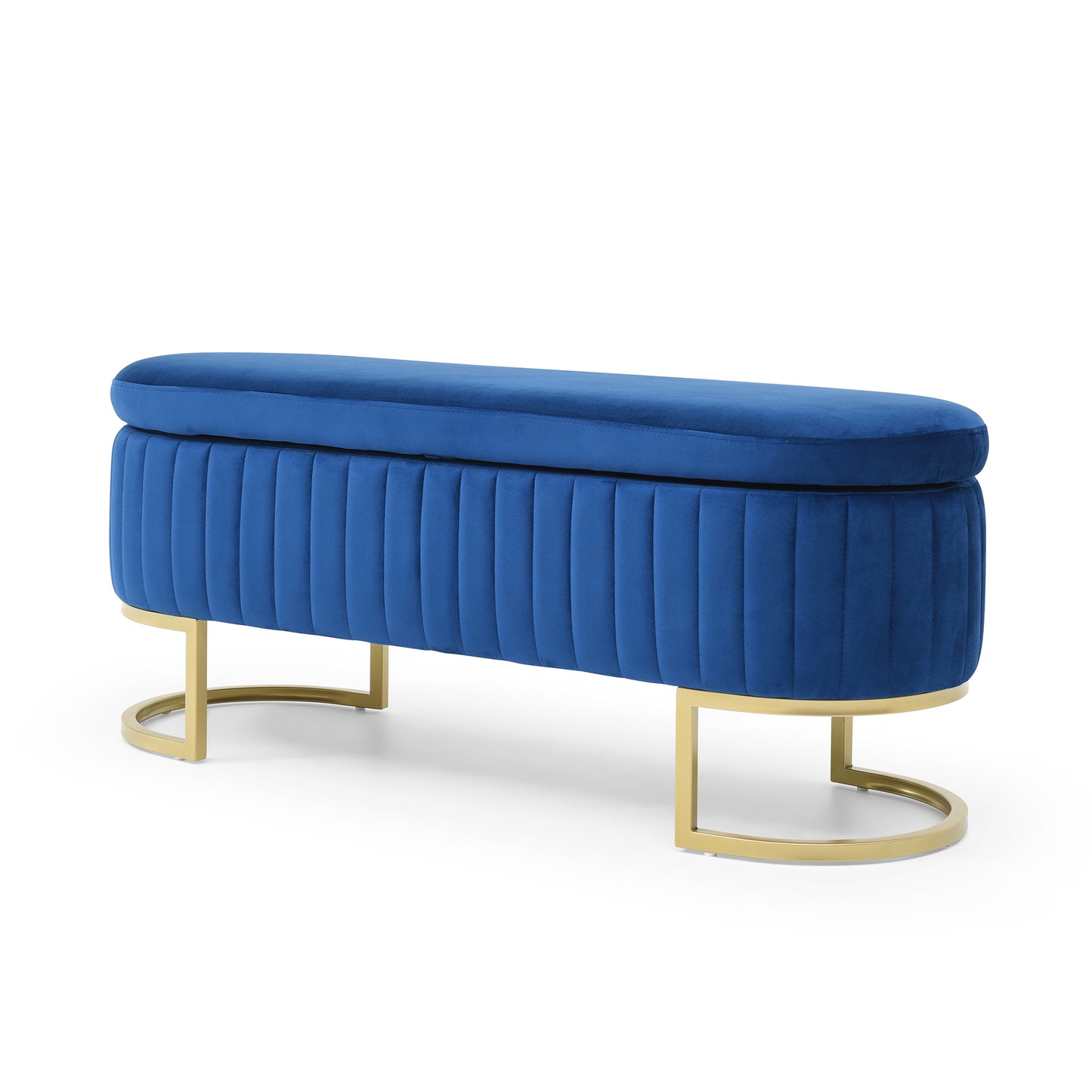 Blue velvet storage ottoman with fluted sides and gold hairpin legs