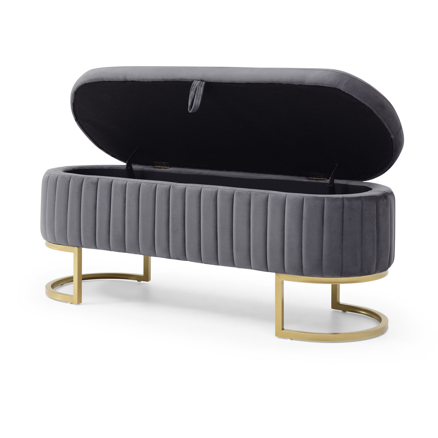 Gray velvet storage bench with gold metal legs and fluted design