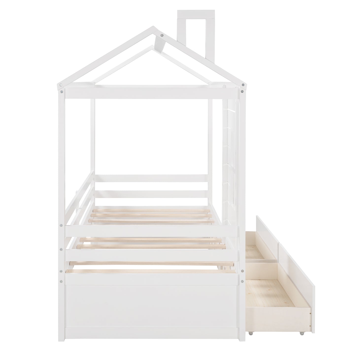 White wooden house bed frame with two pullout drawers