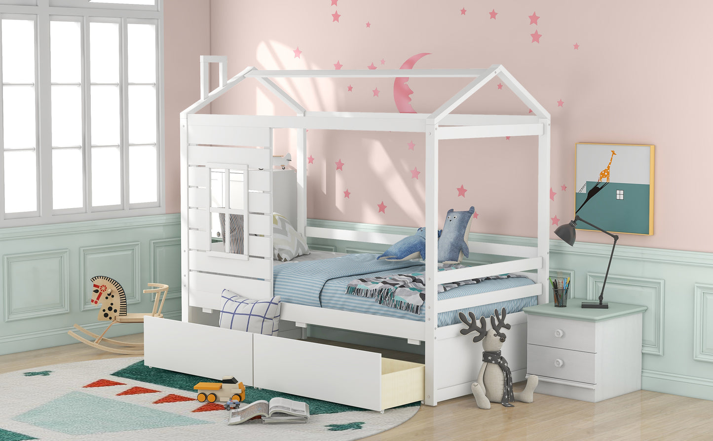 White wooden house bed with storage drawers and blue bedding