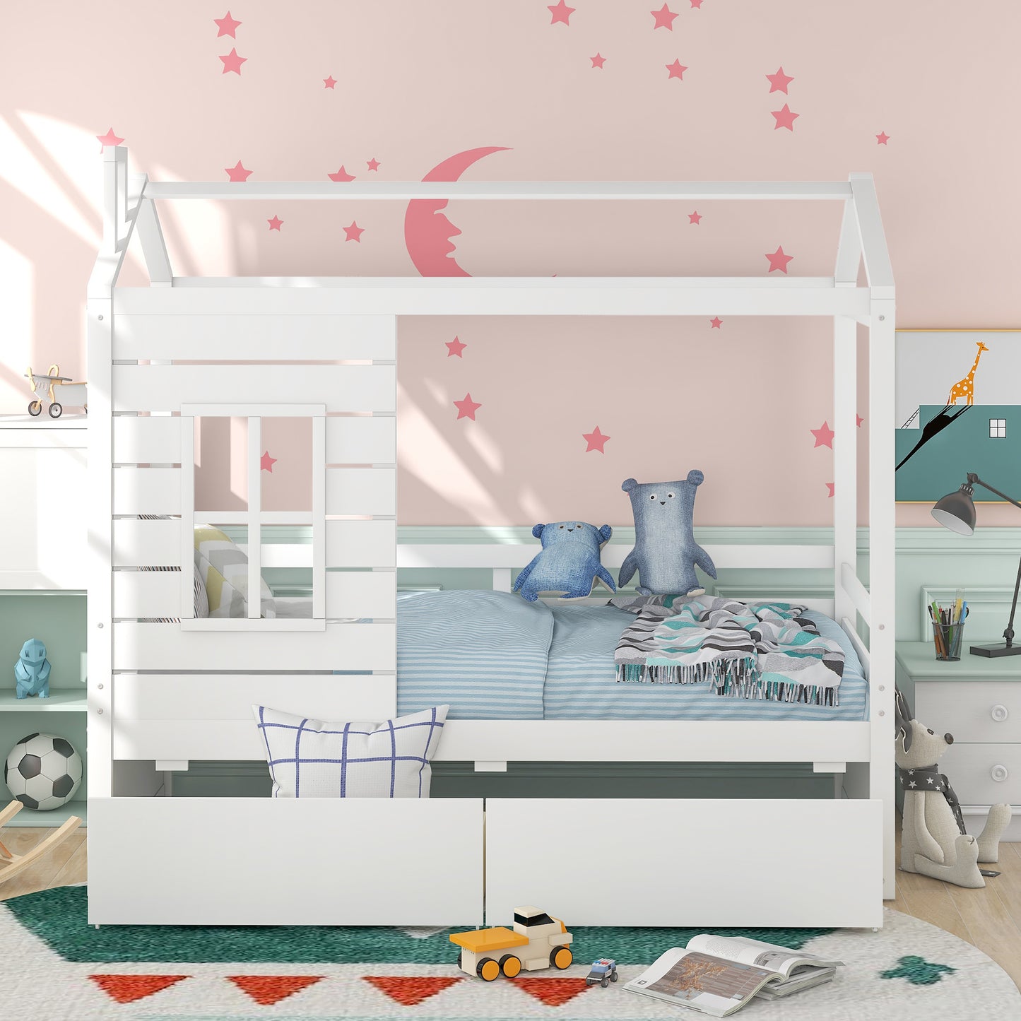 White wooden house bed frame with blue striped bedding and teddy bear toys