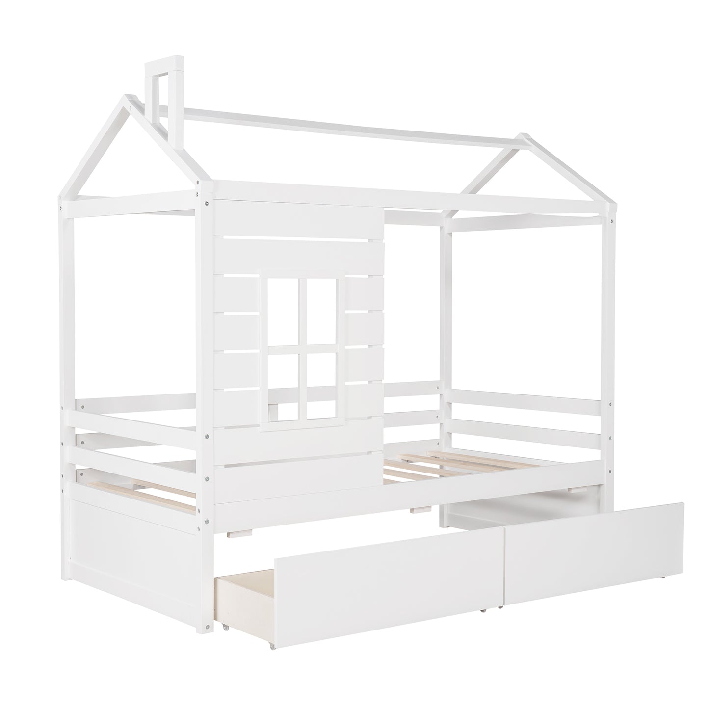 White wooden house bed frame with two drawers and a window detail for kids