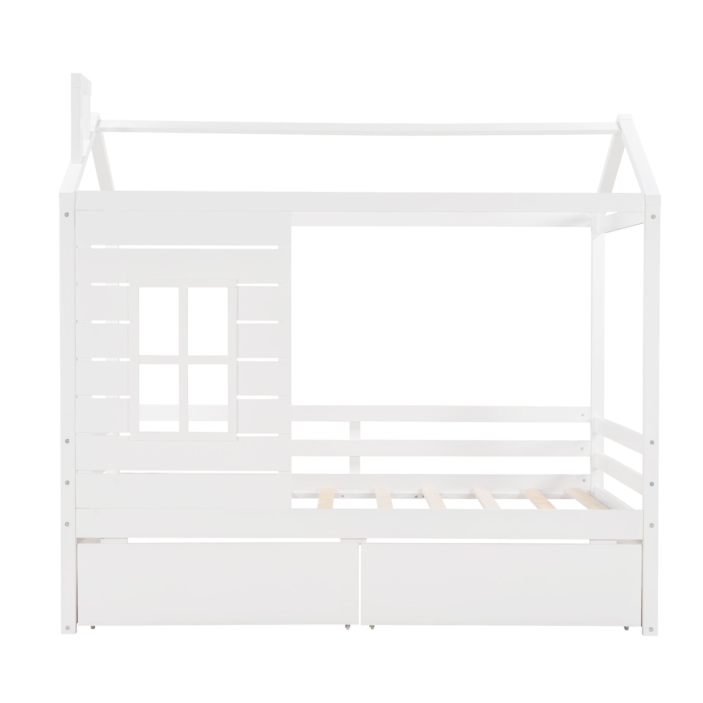 White wooden house bed frame with faux window and storage drawers
