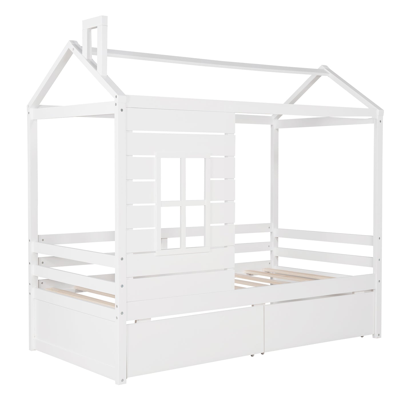 White wooden house bed frame with playful roof design for kids