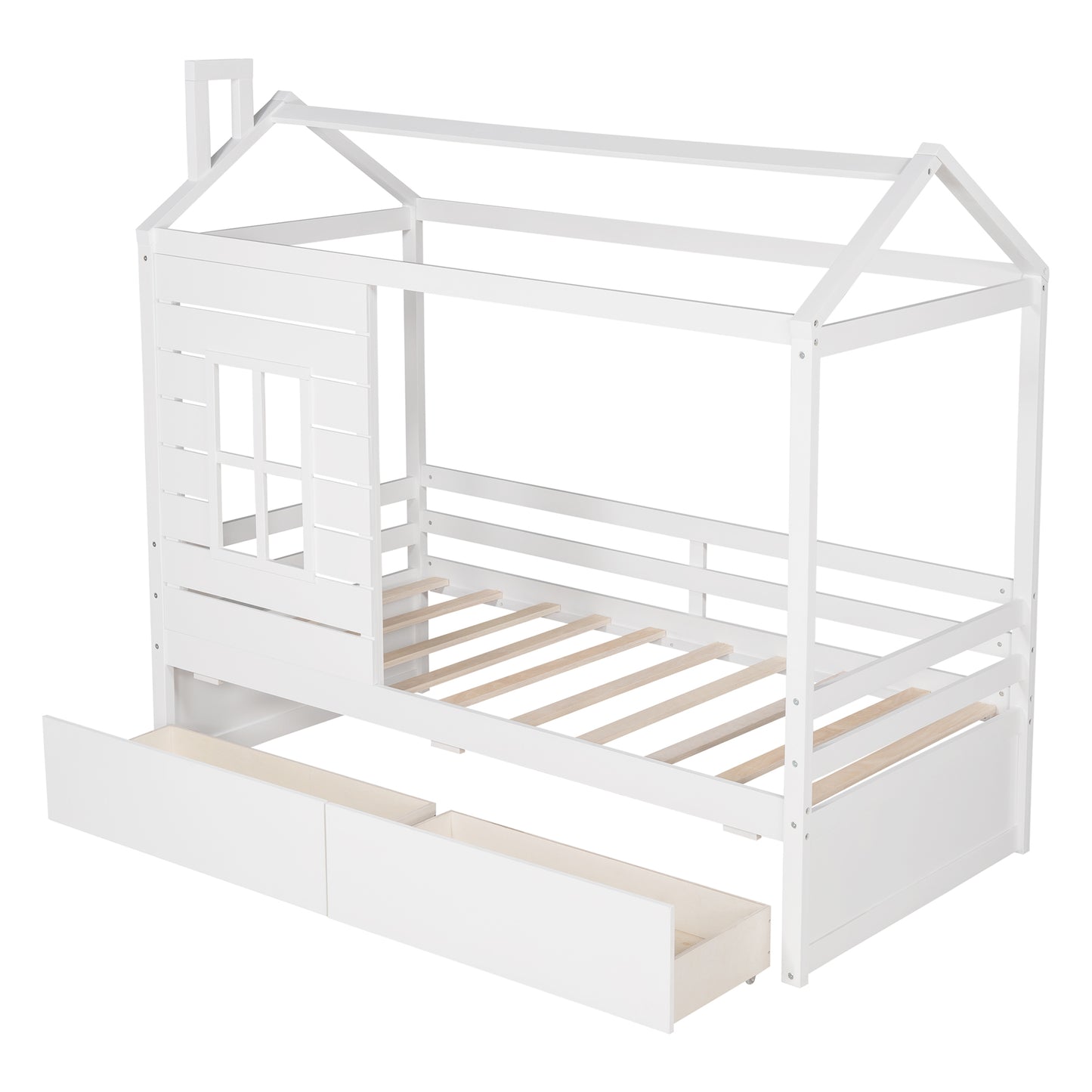 White wooden house bed frame with two drawers and slatted base