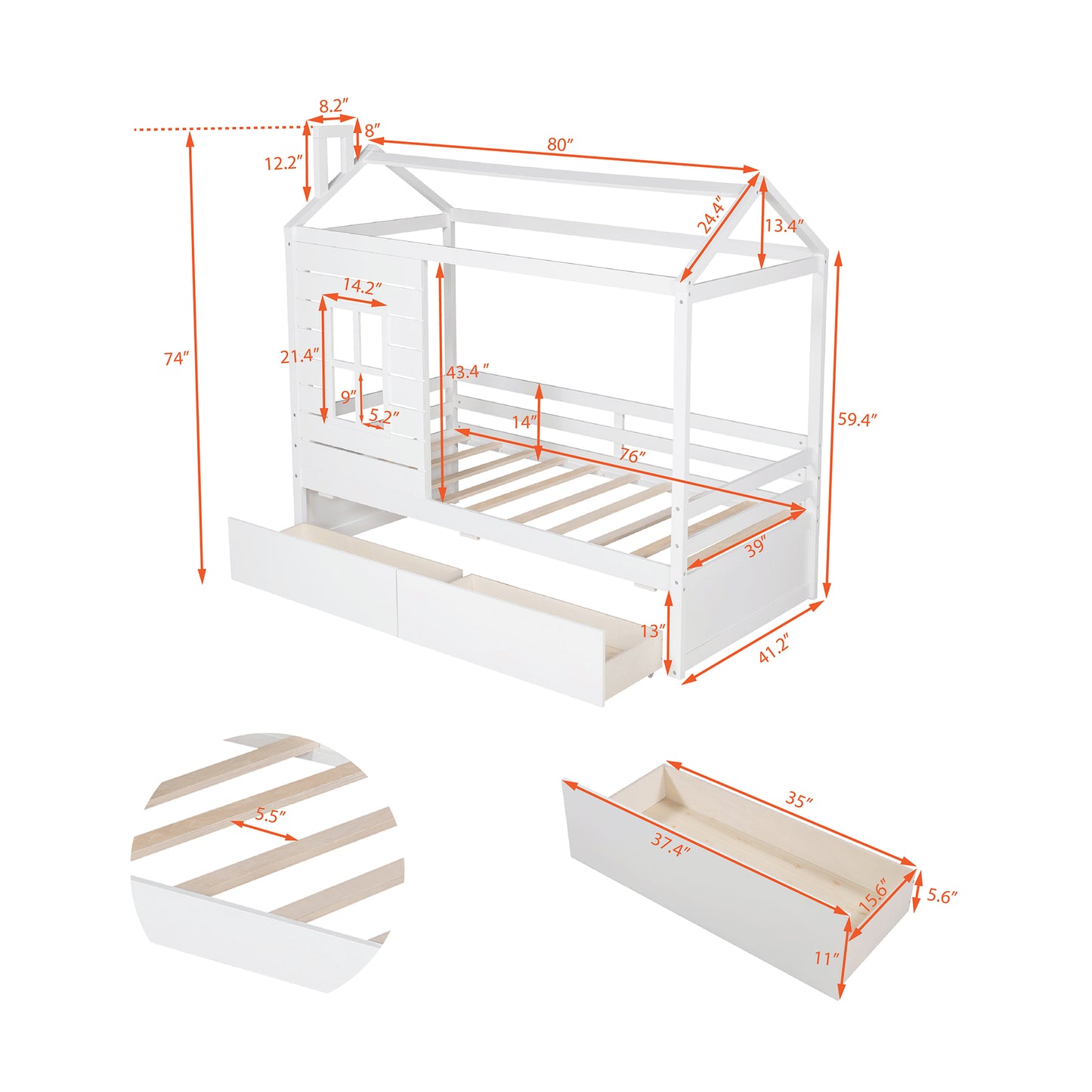 White wooden house bed frame with dimensions