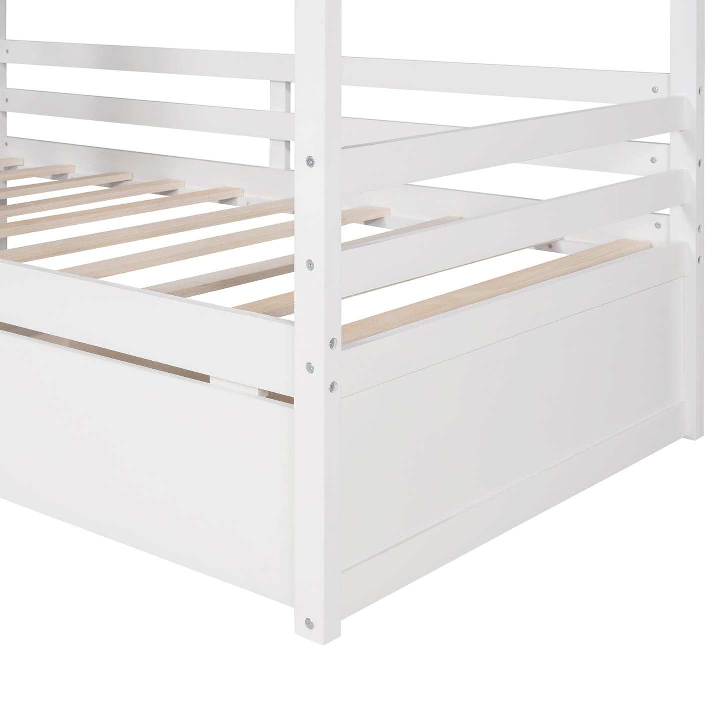 Closeup of a white wooden bunk bed frame with slatted support