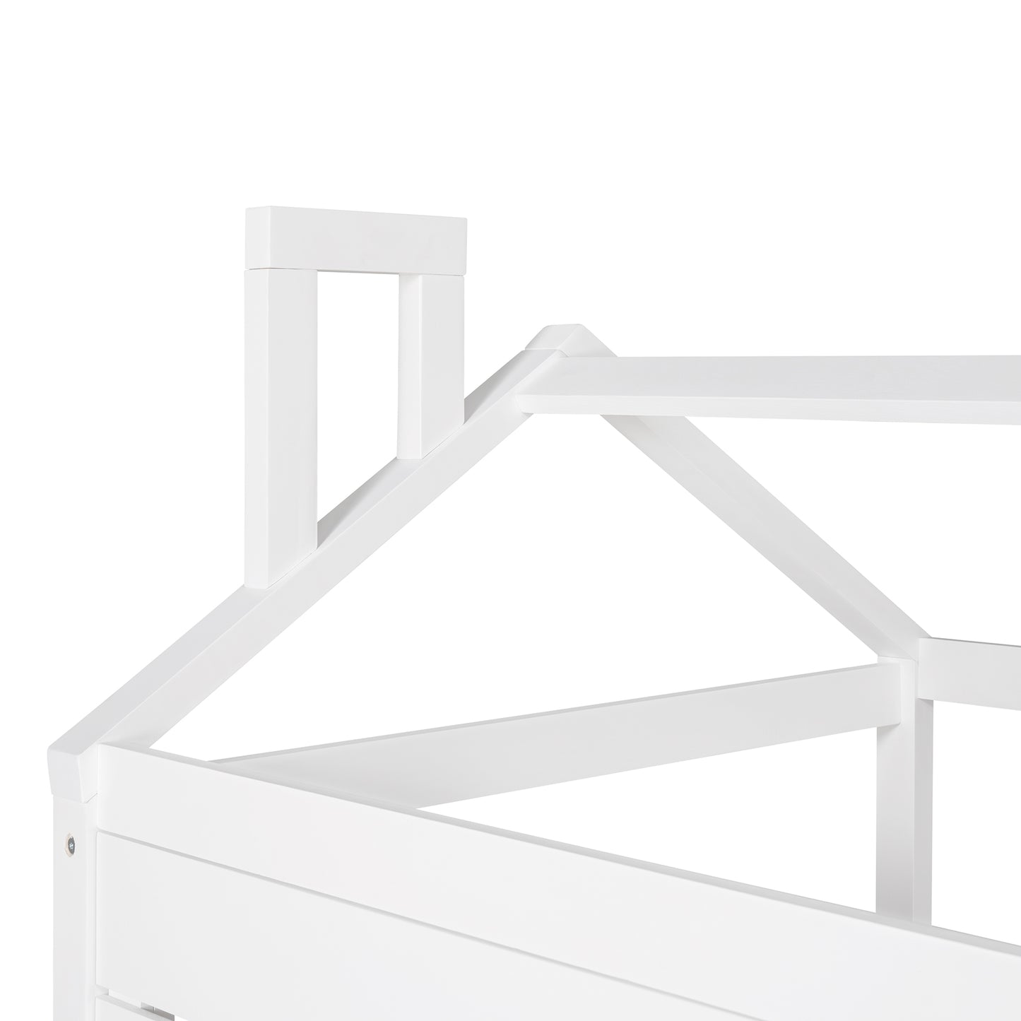 White wooden house bed frame corner detail
