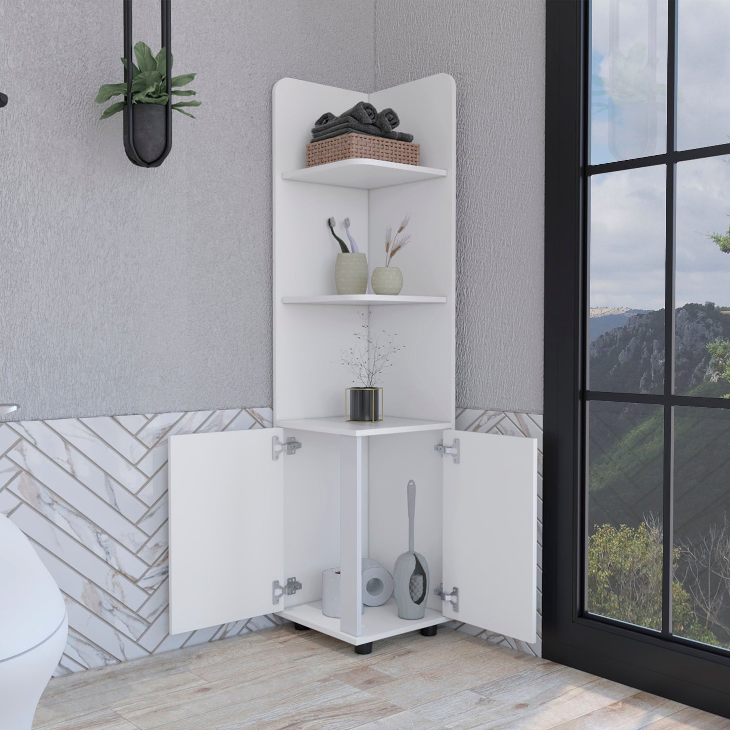 White corner bathroom cabinet with open doors displaying toiletries