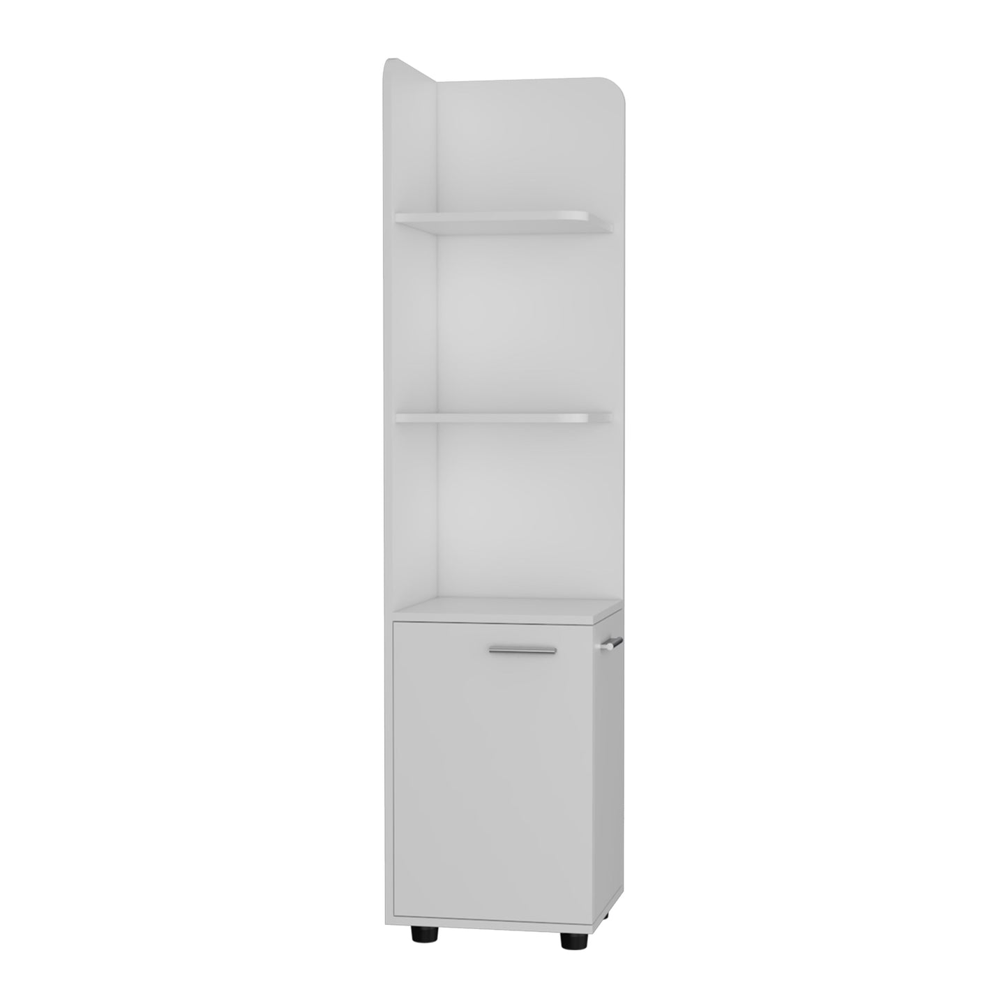 White modern tall shelving unit with cabinet and metal handle