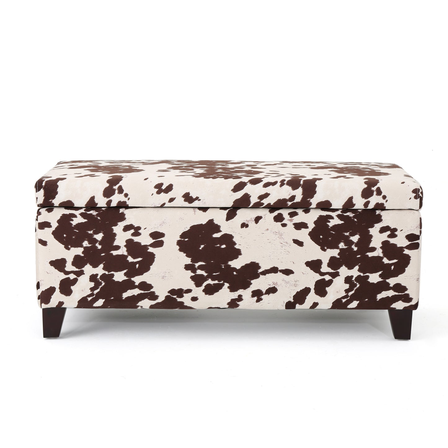 Brown and white cowhide print storage ottoman with dark wood legs