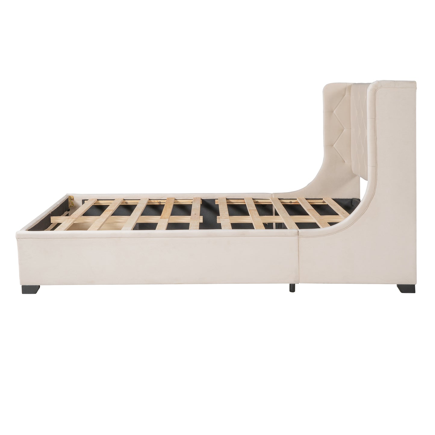 Upholstered beige wingback bed frame with diamond tufting characters