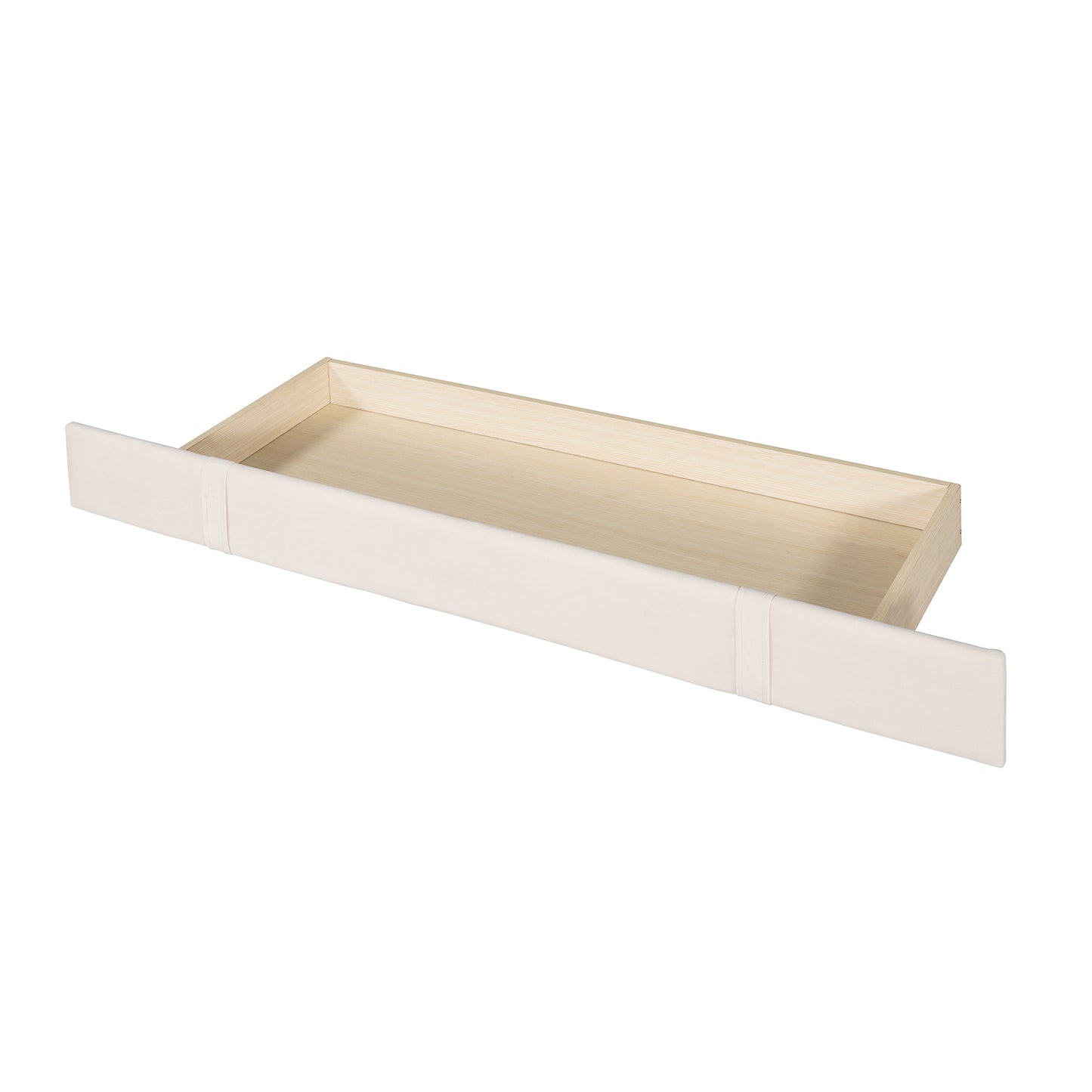 Cream upholstered drawer front with light wood interior