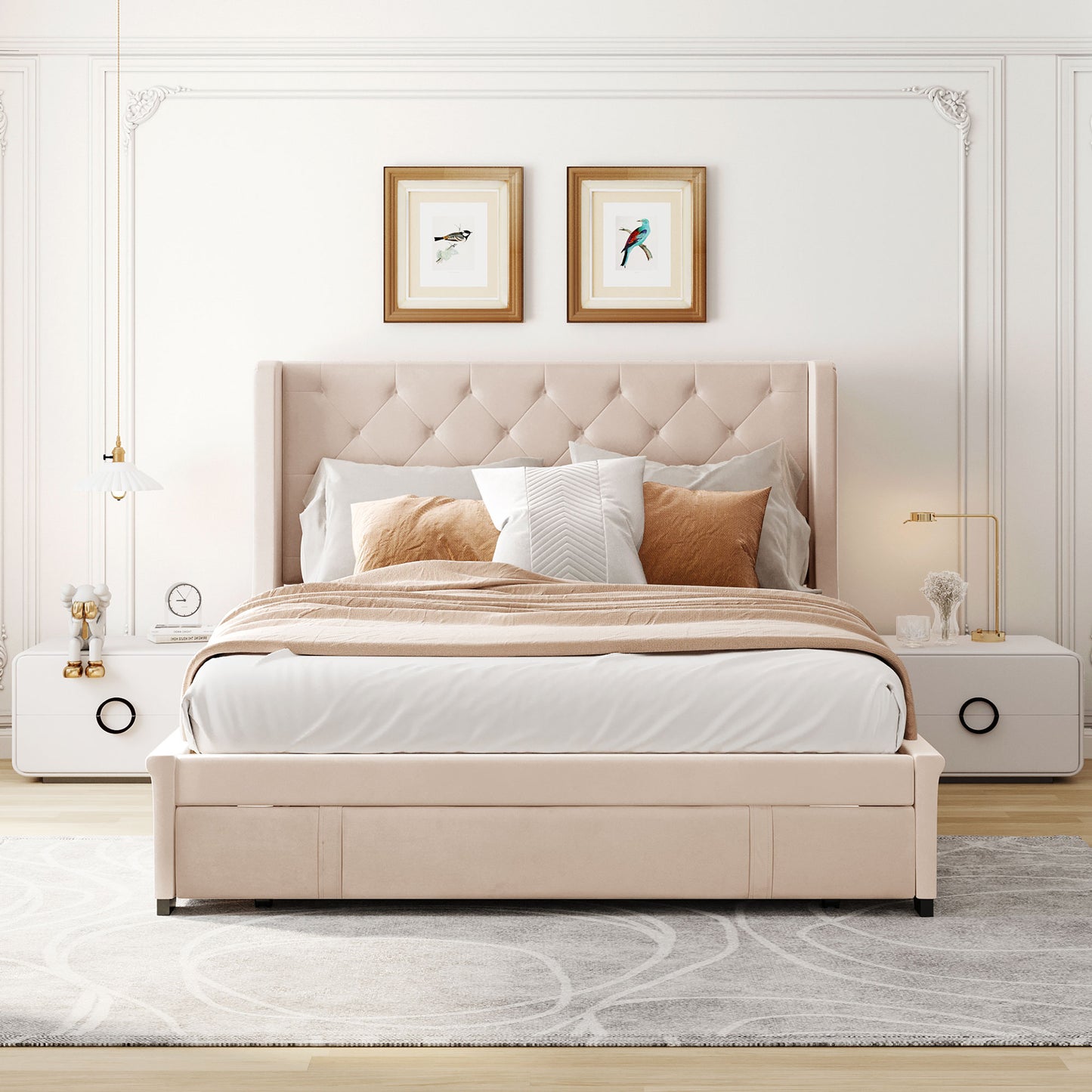 Tufted beige upholstered king bed with diamond stitching and storage drawers