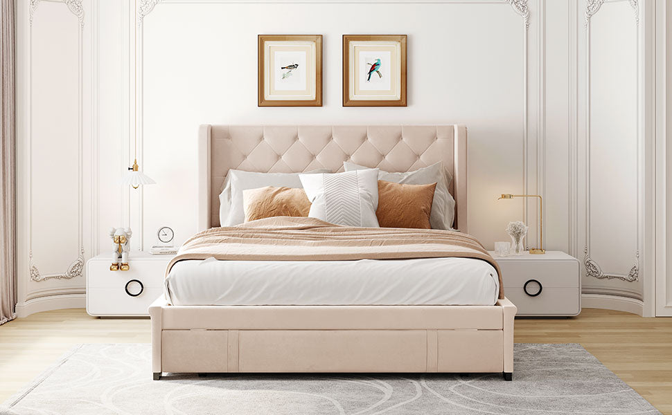 tufted velvet upholstered bed frame in blush pink