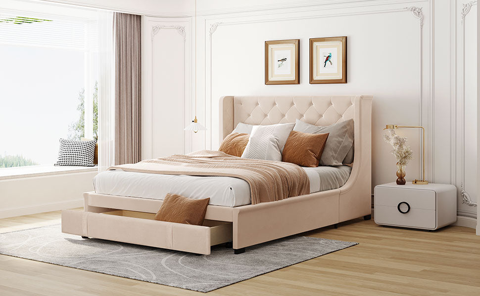 Tufted beige velvet bed frame with storage drawer and wingback headboard