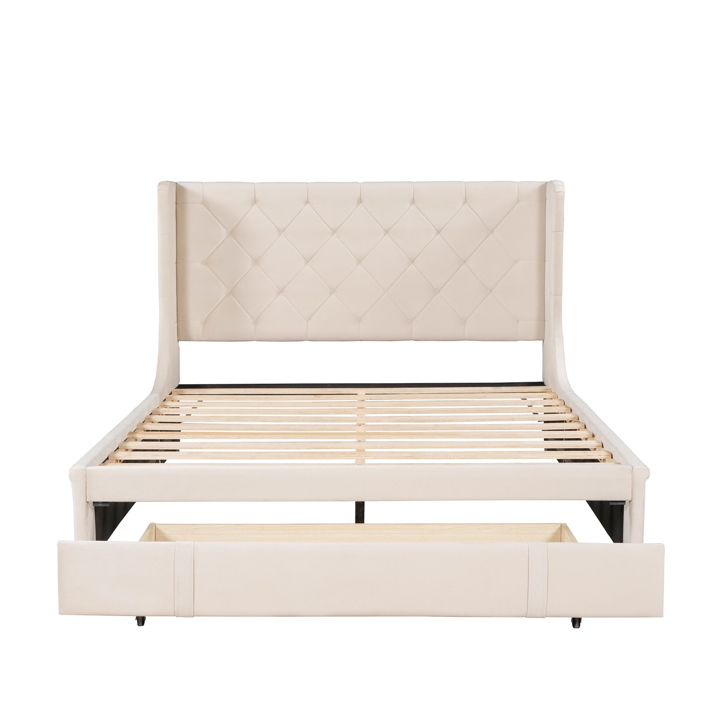 Cream velvet platform bed frame with diamond tufted headboard and storage drawer