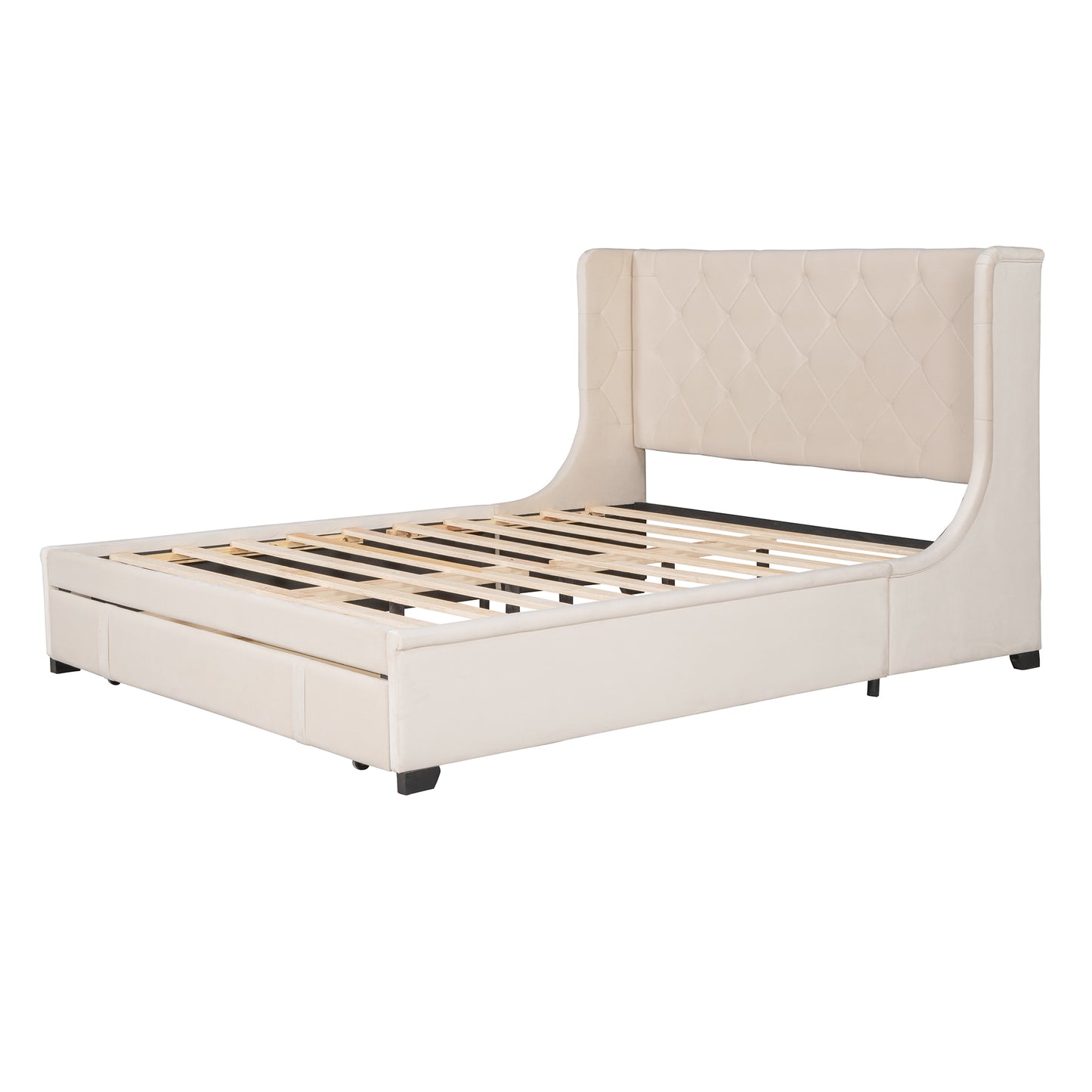 Tufted cream velvet wingback bed frame with wooden slats