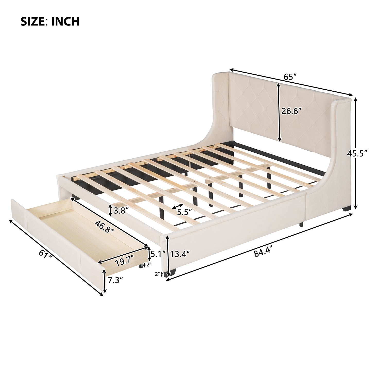 Cream upholstered bed frame with diamond tufted headboard and builtin drawer storage