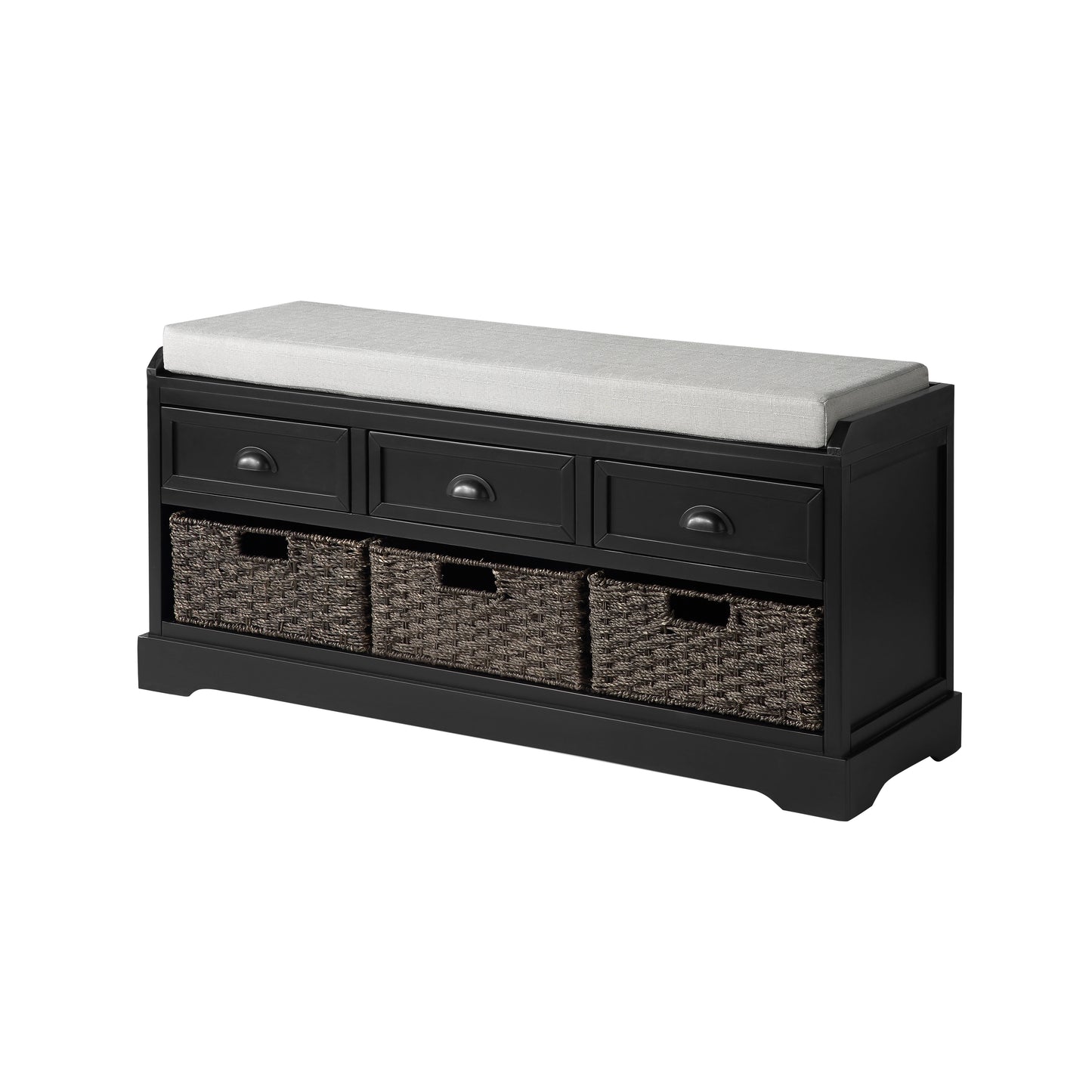 Black storage bench with cushioned top and three woven baskets