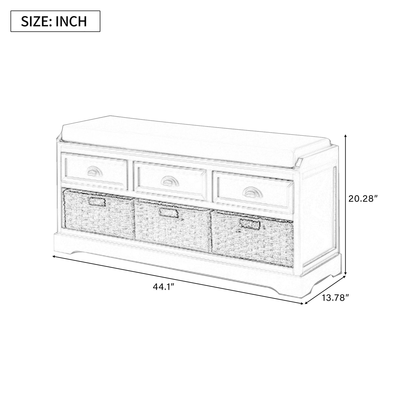 White storage bench with three drawers and three woven baskets