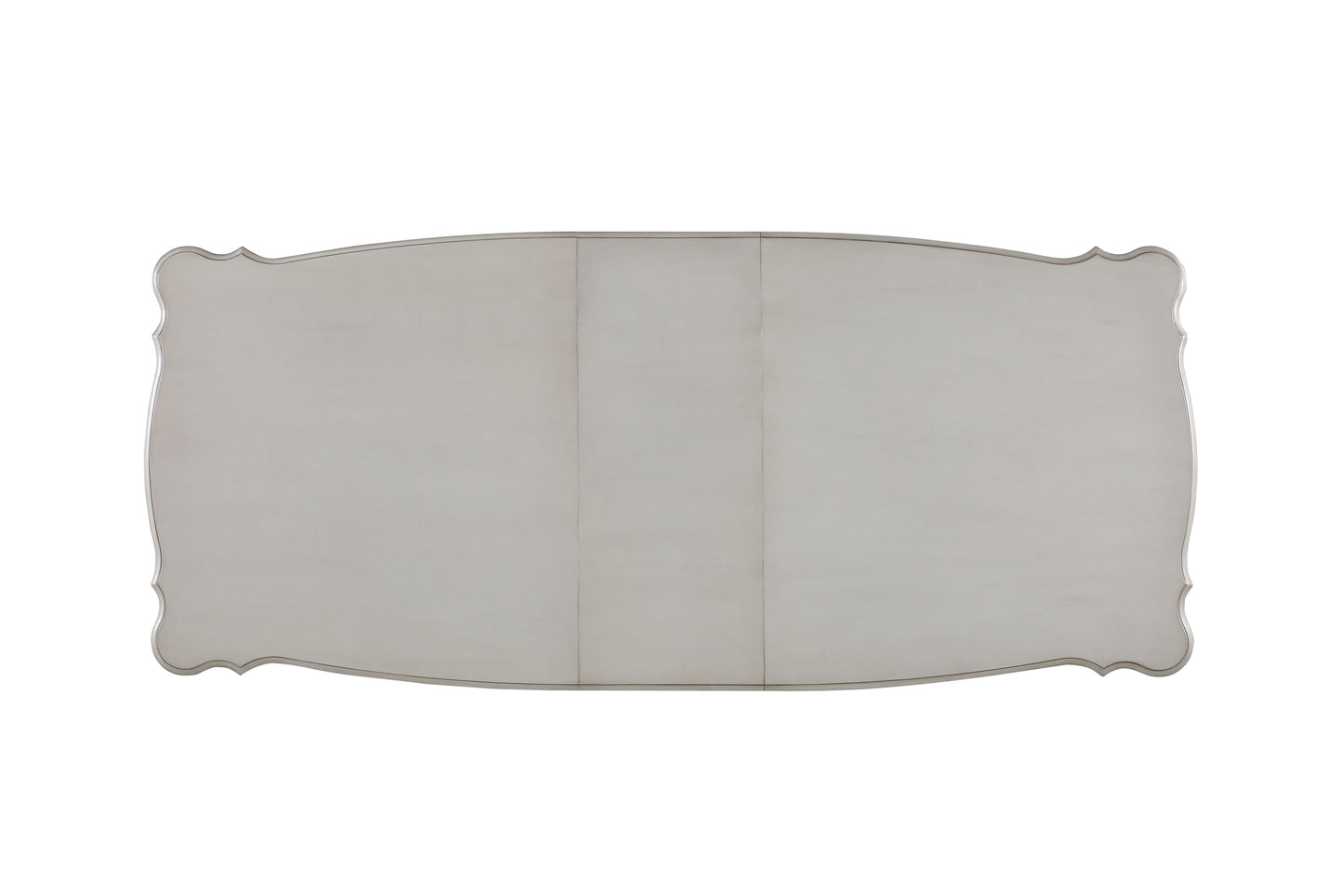 Elegant light gray dining table with scalloped edges and wood grain detail