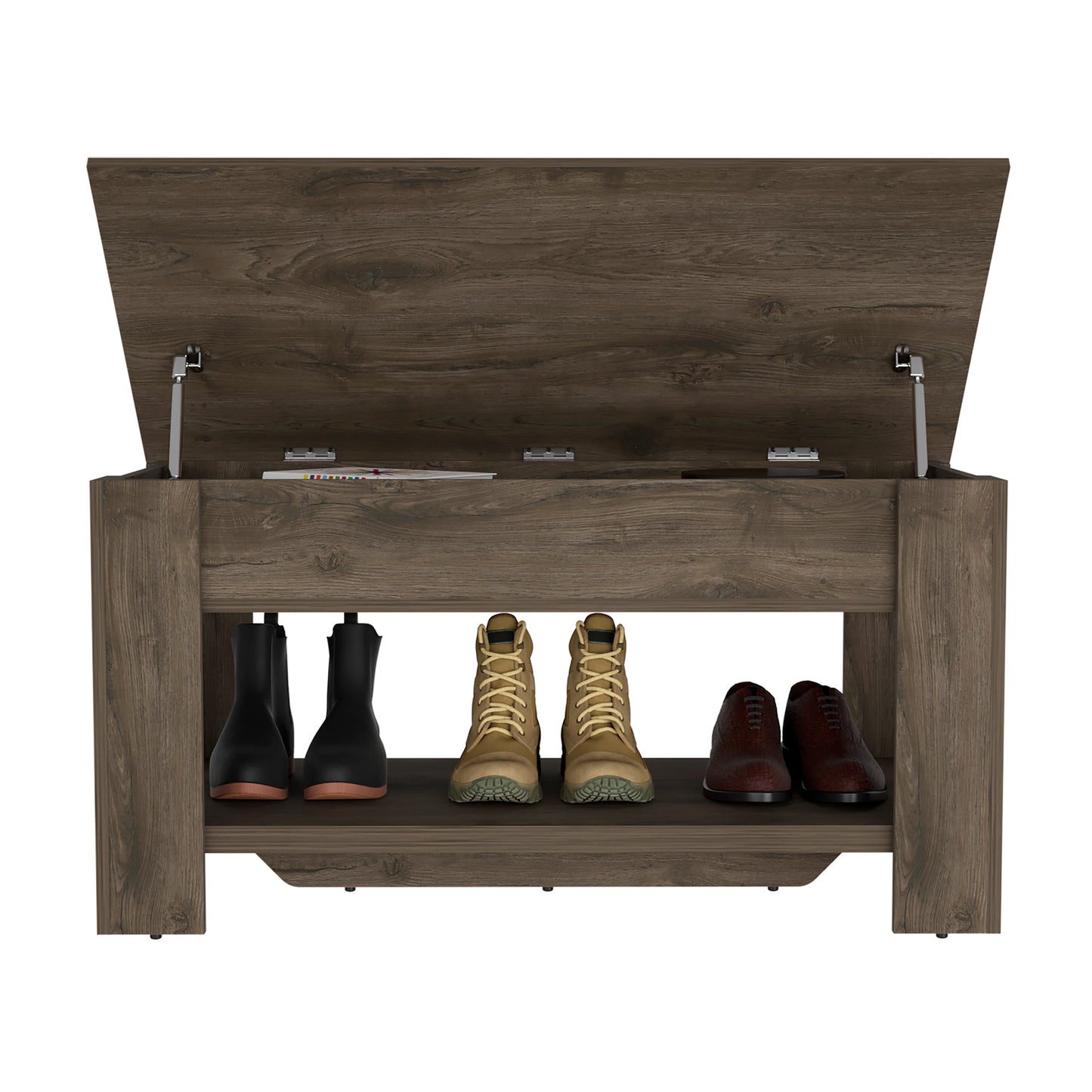 Dark brown wood entryway bench with open storage
