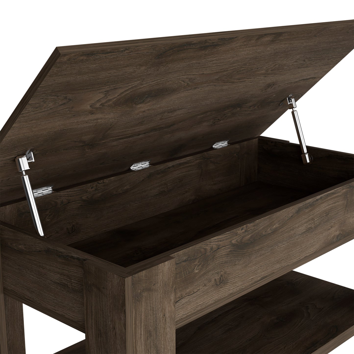 Dark brown wood lifttop coffee table with hidden storage compartment open