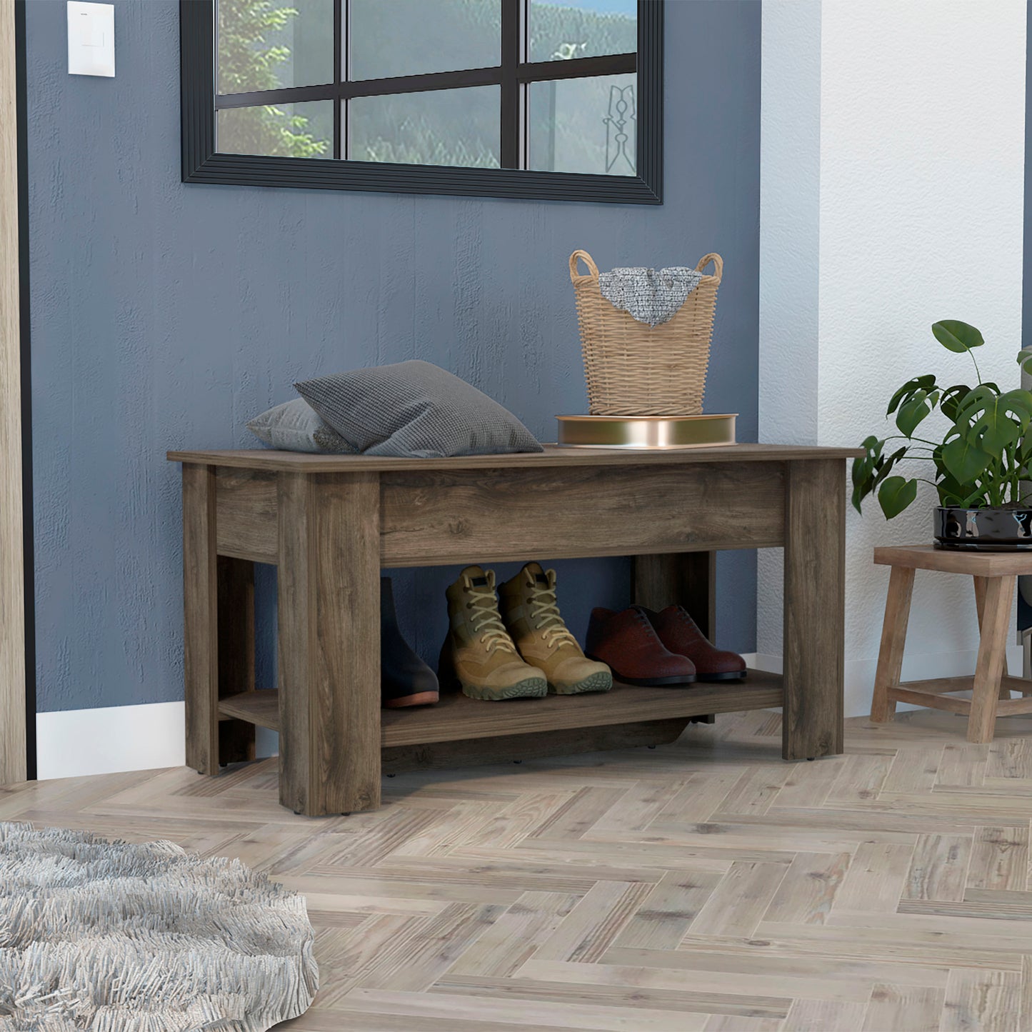 Rustic brown wood entryway bench with shoe storage and top shelf