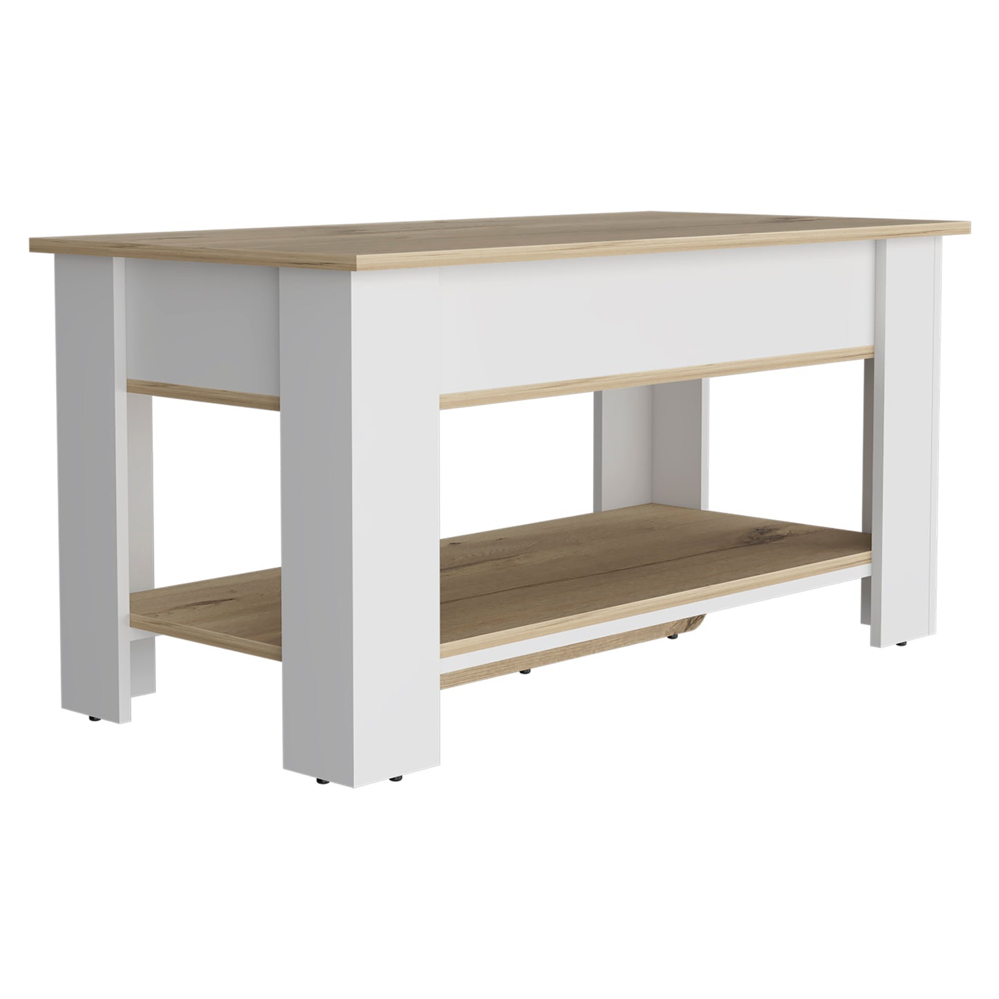 White and oak wood coffee table with two open shelves